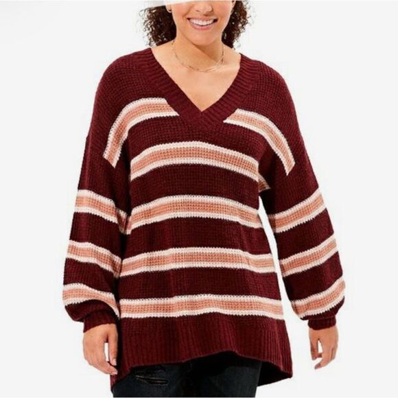 American Eagle Striped Oversized Ballon  sleeve V Neck Knit Pullover Sweater S - Picture 1 of 10